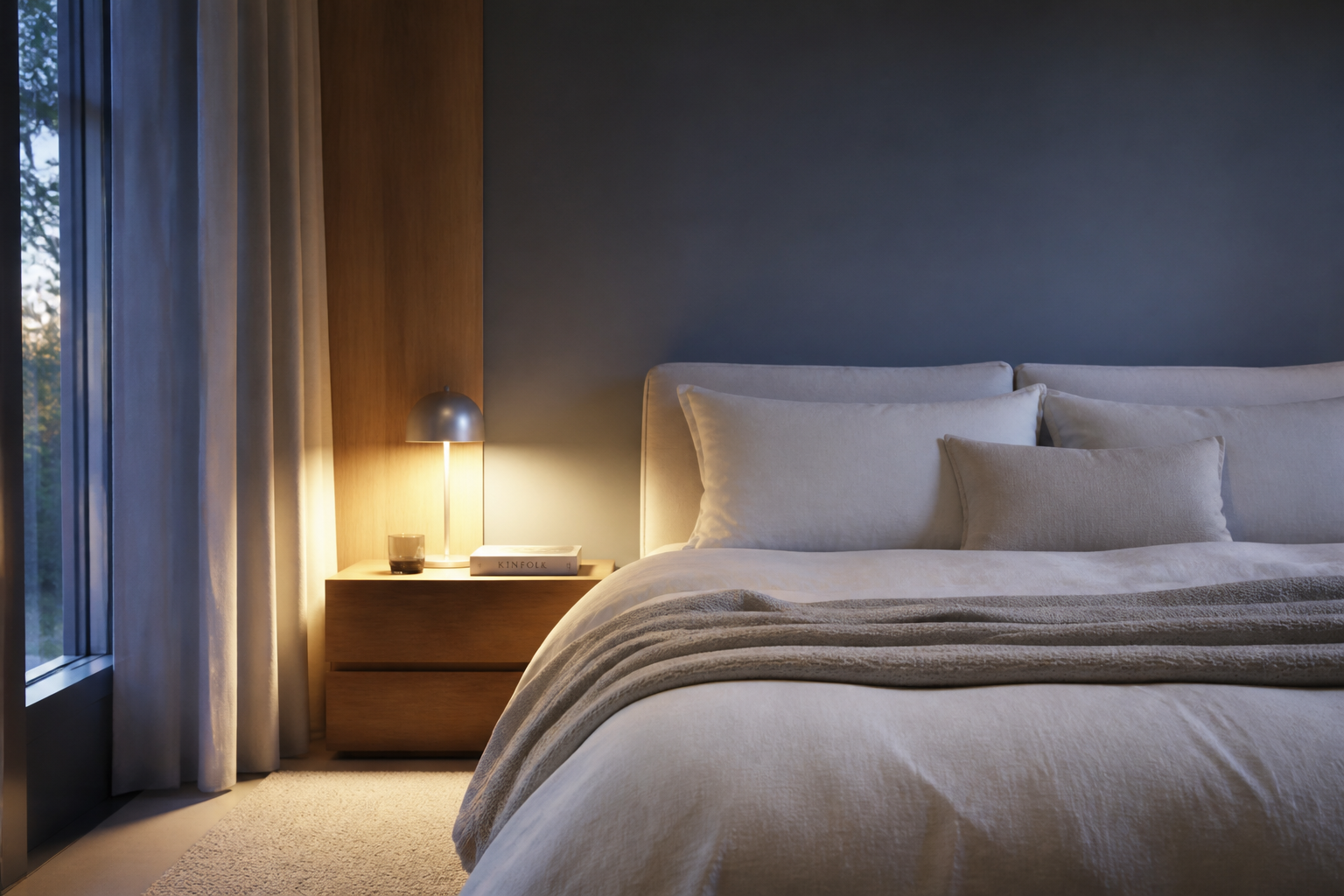Chambre à coucher moderne épurée propice au sommeil avec literie en lin écru et lampe de chevet douce