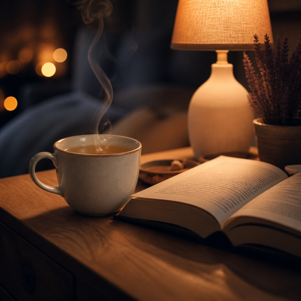 Tisane verveine fumante et livre ouvert sur table de chevet, rituel du soir apaisant