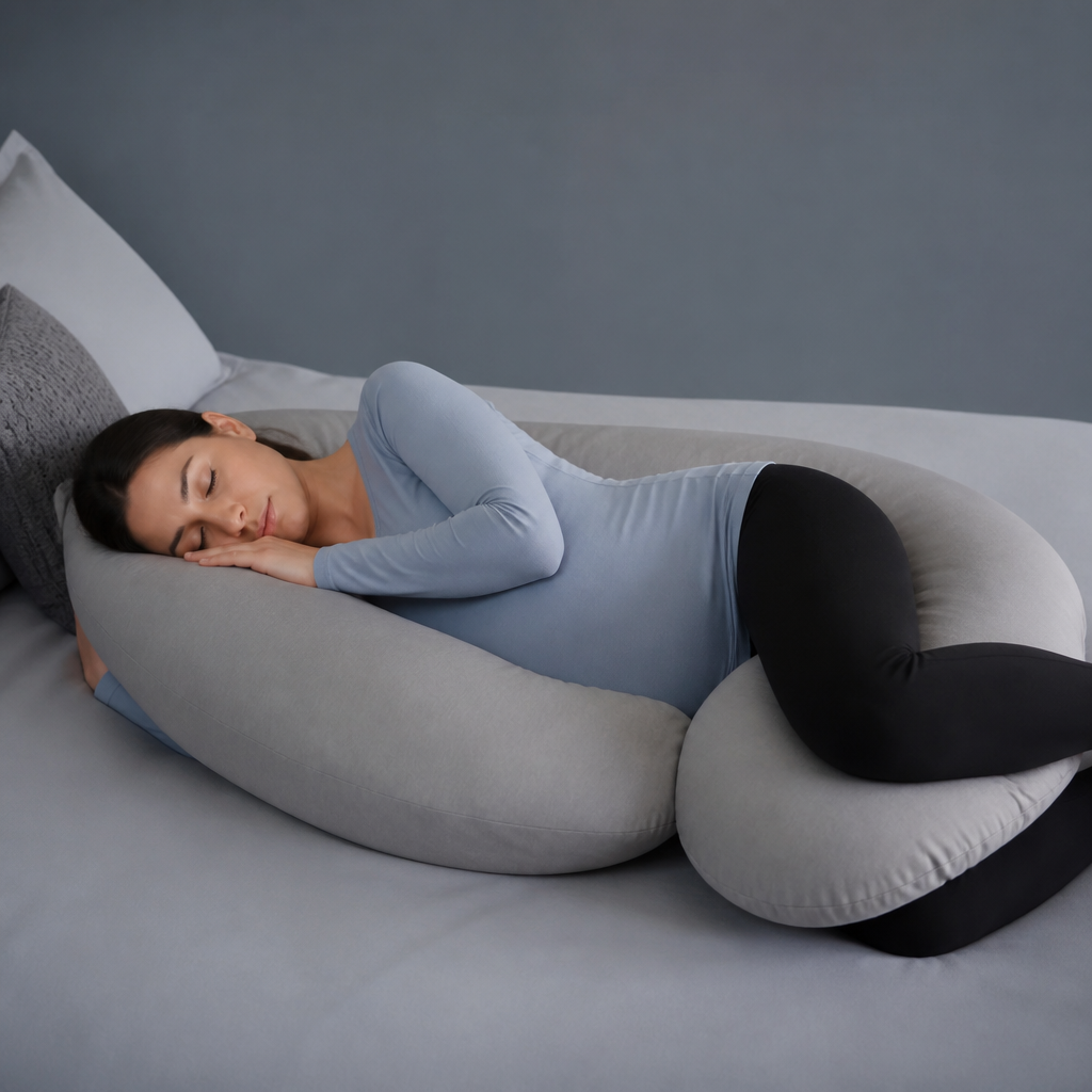 Femme enceinte dormant sur le côté gauche avec coussin de grossesse