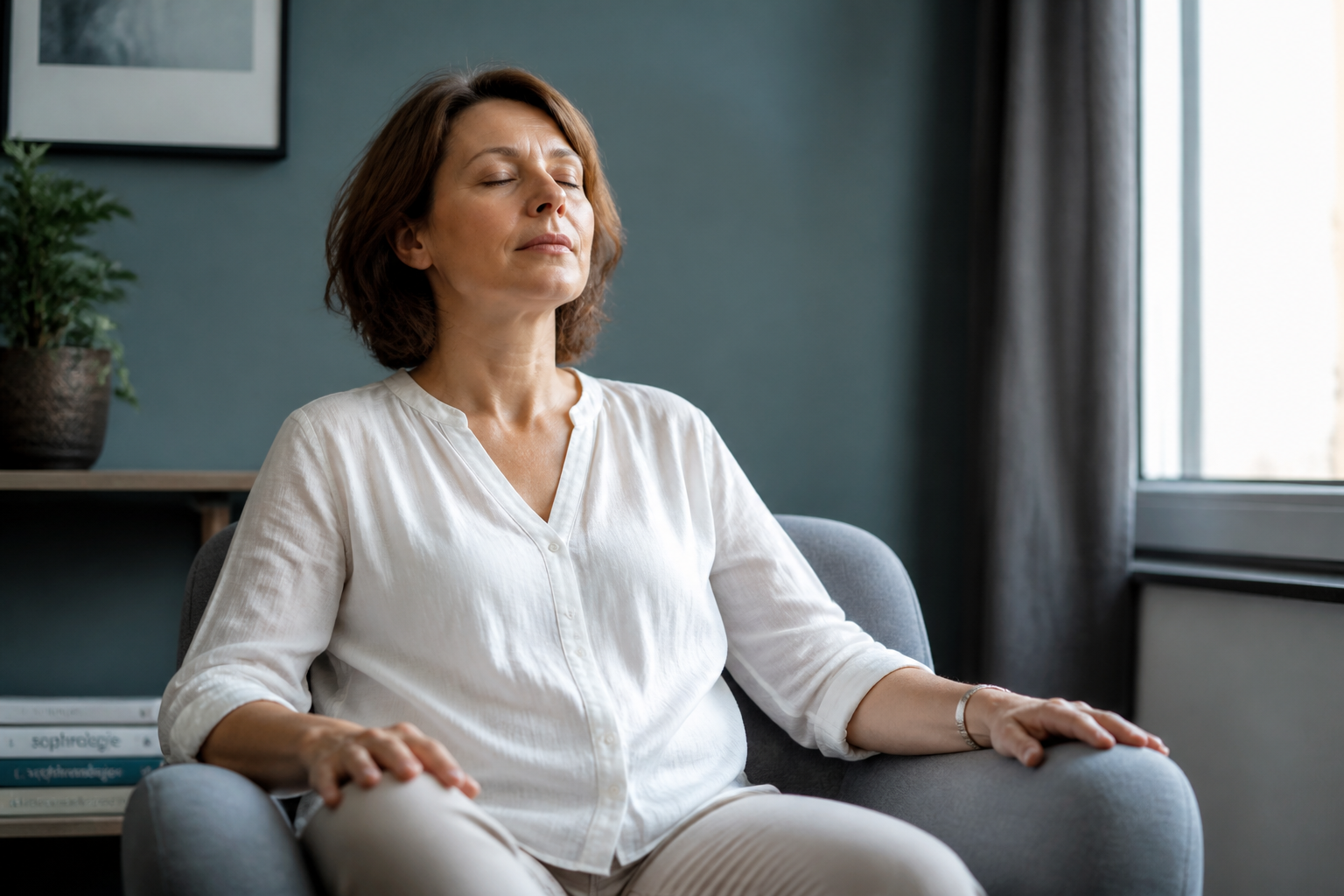 Séance de sophrologie individuelle, sophrologue guidant un patient en état de relaxation
