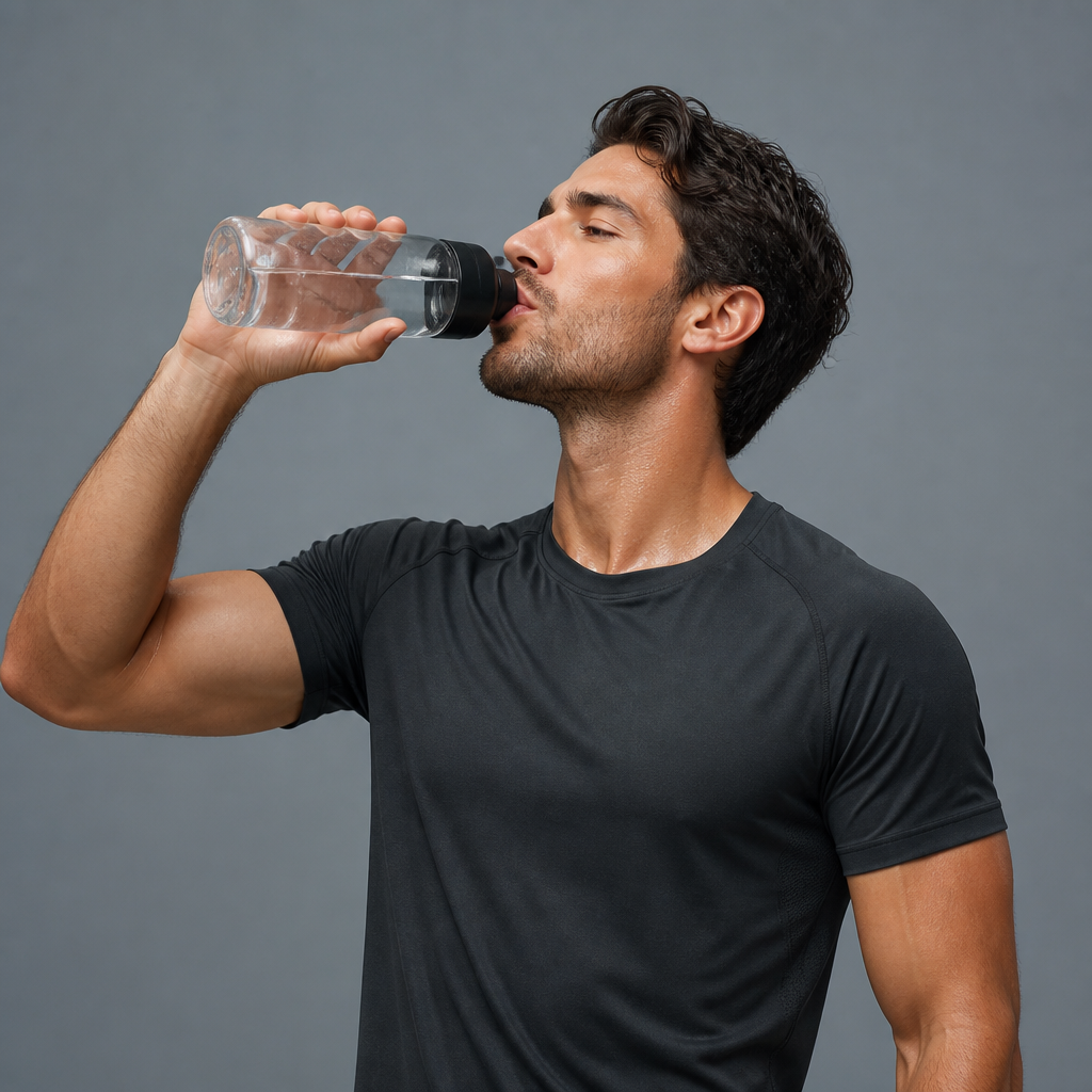Sportif buvant eau bouteille hydratation pendant effort