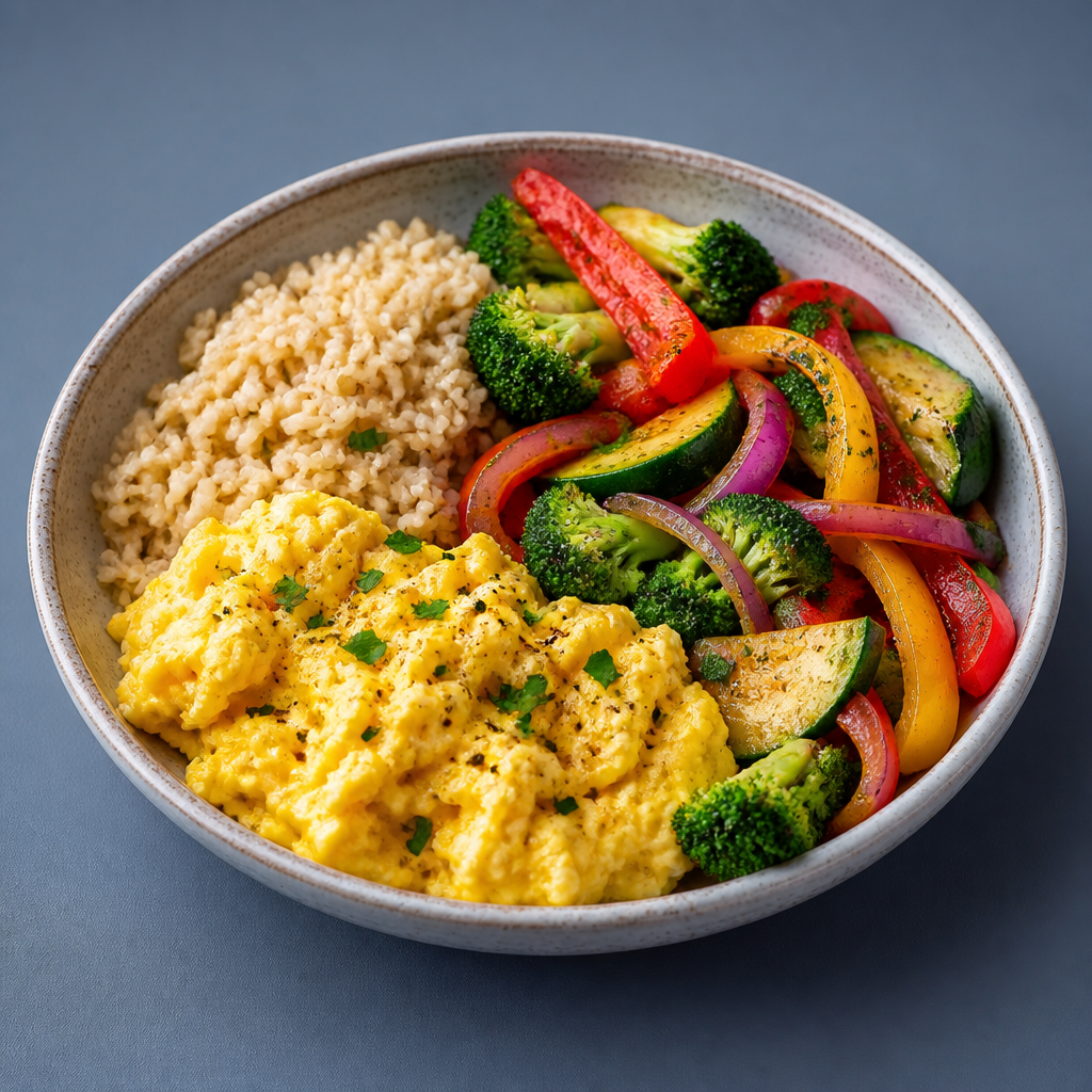 Assiette récupération post-entraînement riz complet oeufs légumes