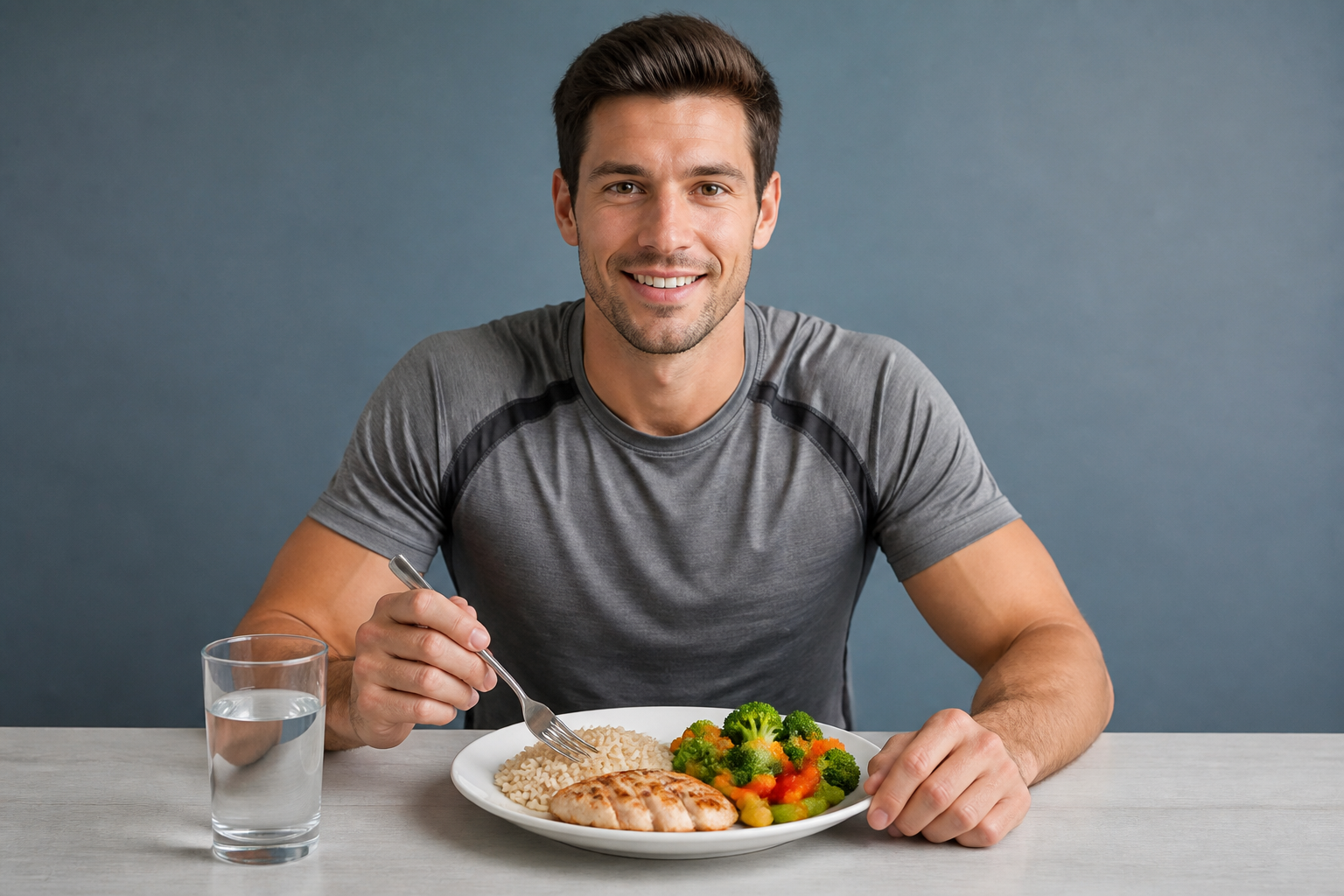Sportif devant assiette équilibrée glucides protéines nutrition sportive