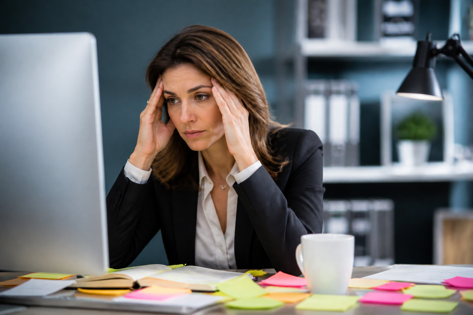 Femme cadre 38 ans visiblement stressée à son bureau, post-its épars