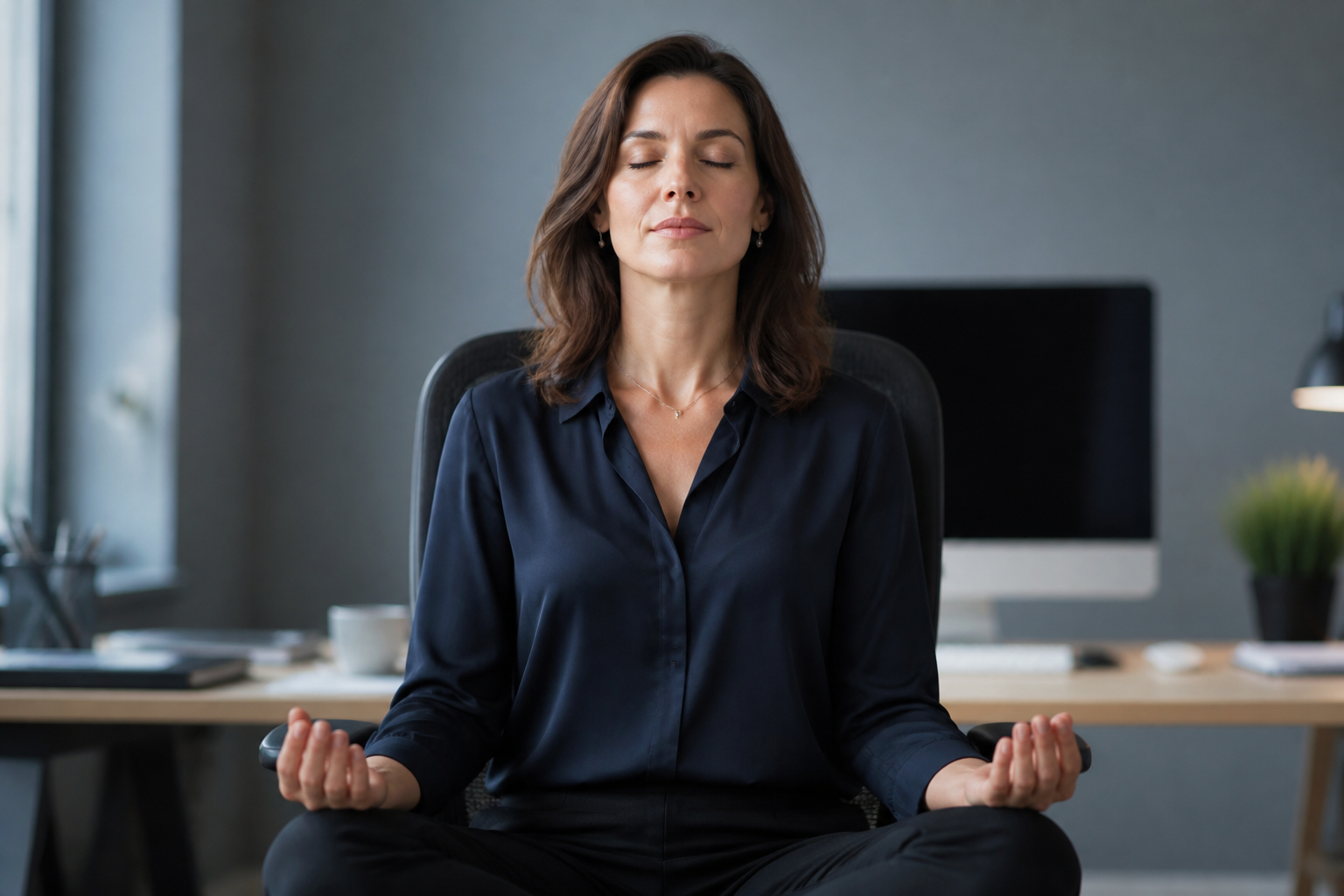 Femme cadre en posture de méditation assise dans son fauteuil de bureau