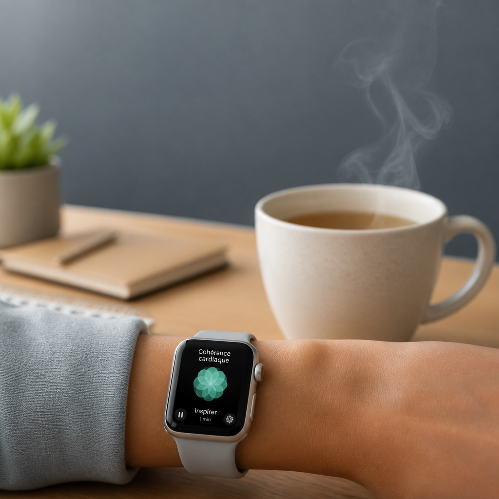 Montre connectée affichant un exercice de cohérence cardiaque à côté d'une tasse de thé fumante